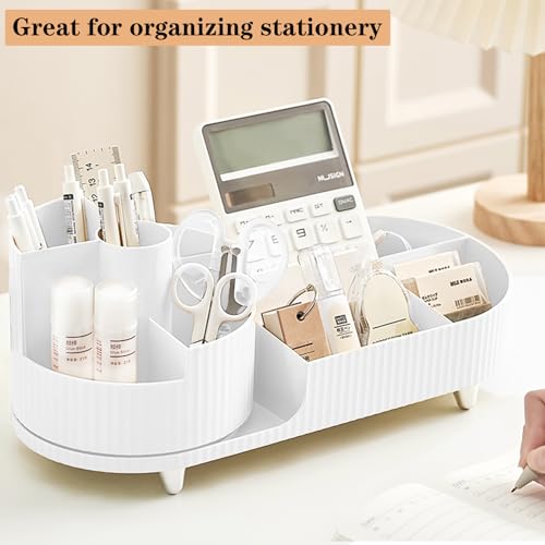Rotating Vanity Organizer with Brush Holder, Large Spinning Makeup Skincare & Cosmetic Organizer, Countertop Perfume & Lotions Display Case (White) - color: Pure White