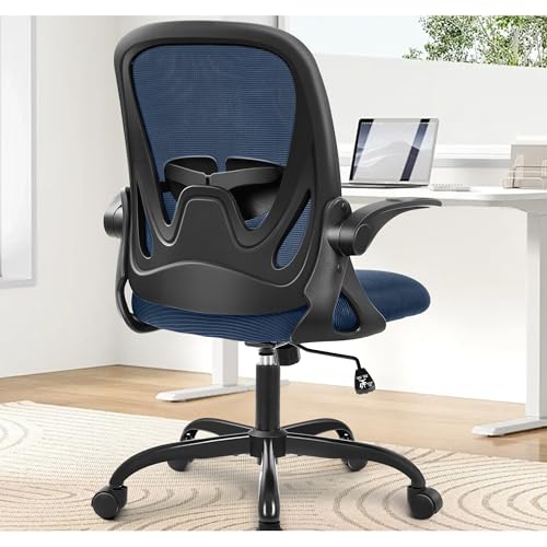 Office Chair Ergonomic Desk Chair with Flip up Armrests Swivel Breathable Desk Mesh Computer Chair with Adjustable Lumbar Support and Height for Conference Room (Navy) - color: Navy