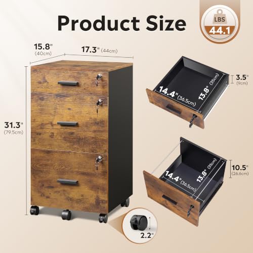DEVAISE 3 Drawer File Cabinet with Lock & Wheels, Wood Printer Stand - color: Rustic Brown