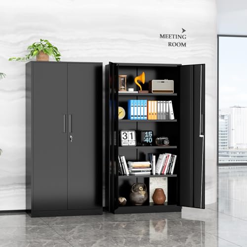 SUNCROWN Metal Garage Storage Cabinet, 72" Locking Steel Garage Cabinets with 2 Door and 4 Adjustable Shelves, Tall Metal Tool Cabinets for Home Office, Garage, School, (Black) - color: Black, size: 72"H x 32"W x 16"D
