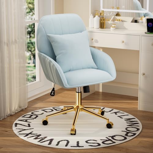 Home Office Desk Chair Comfy with Adjustable Swivel Wheels, Modern Velvet Makeup Vanity Chair with Back & Pillow, Ergonomic Office Chair Computer Task Chair for Living Room, Bedroom, Blue - color: Blue