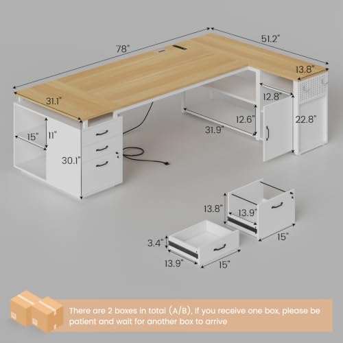 78" Executive Desk with Lockable File Cabinet, L Shaped Office Desk with Power Outlets, Large Executive Desk with Drawers and Storage Shelves , Reversible Computer Desk with Privacy Screen (White) - color: White