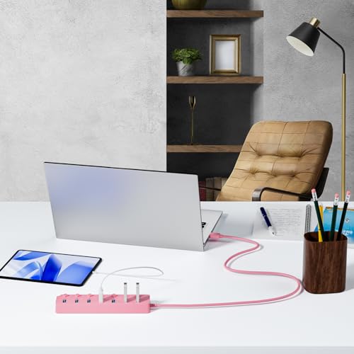 USB Hub 7 Port, USB Splitter with Individual On/Off Switches and Lights - color: Pink