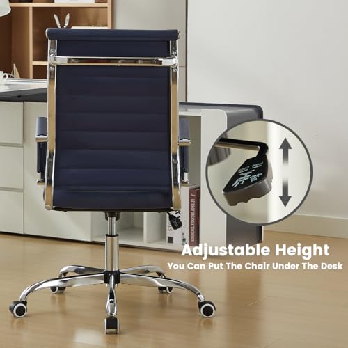 Office Desk Chair Leather, Conference Room Chairs with Wheels, Modern Executive Computer Guest Chairs with Arms. - color: Navy Blue