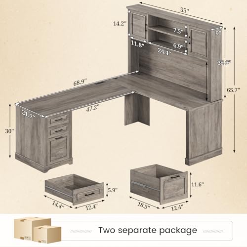 SEDETA Farmhouse L Shaped Desk with Hutch and 3 Drawers, 68.9" Executive Office Desk with File Drawer and Power Outlet, Corner Computer Desk with Storage Shelves for Home Office, Grey - color: Grey, size: L Shaped Desk with Hutch