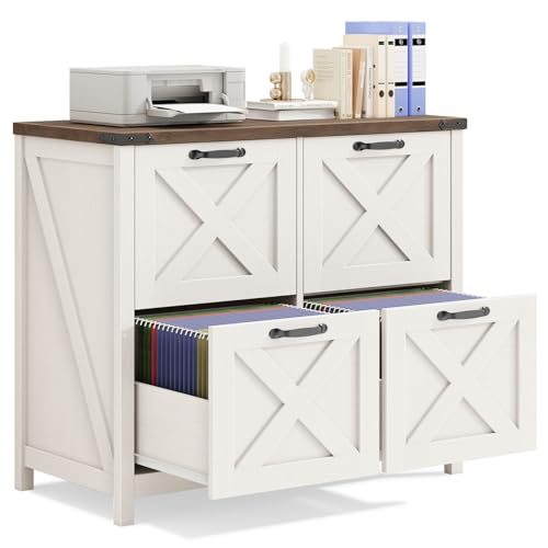 Halitaa Farmhouse Lateral File Cabinet with 4 Drawers, White and Brown - color: Rustic White and Brown, size: 4 Drawers