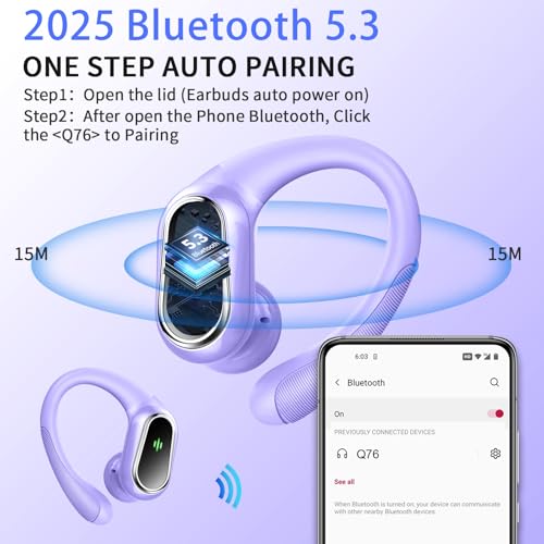 Wireless Earbuds, 2026 Bluetooth 5.4 Headphones Sport, 50Hrs HiFi Stereo Deep Bass Over-Ear buds with ENC Noise Cancelling Mic, IP7 Waterproof & LED Display Earphones with Earhooks for Workout/Running - color: comb blue purple
