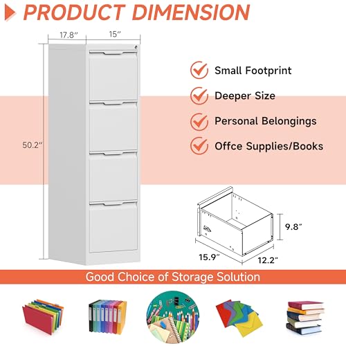 4 Drawer File Cabinet with Lock,17.8" Deep Metal Filing Cabinet,Vertical File Cabinets for Home Office,Locking File Drawer Tall for Hanging Letter/A4/Legal Folders, Easy Assemble-White - color: White, size: 4 Drawer-Vertical-15"W