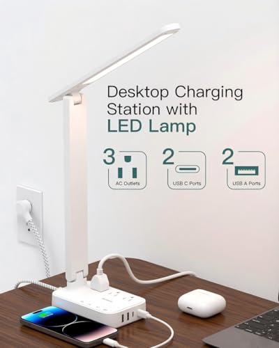 Addtam LED Desk Lamp, Power Strip with 3 Outlets 4 USB Charging Ports(2 USBC), 4 Modes 5 Level Brightness Touch Lamp, Small Desk Lamp for Home Office College Dorm Room Essentials, White - color: White, size: 5 FT