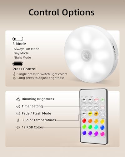 EZVALO Under Cabinet Lighting with Charging Station, 1000mAh Rechargeable Puck Lights with Remote, 3 Color Temps & 12 RGB Closet Lights, Dimmable Motion Sensor Lights for Shelf, Kitchen (3 Packs) - color: White