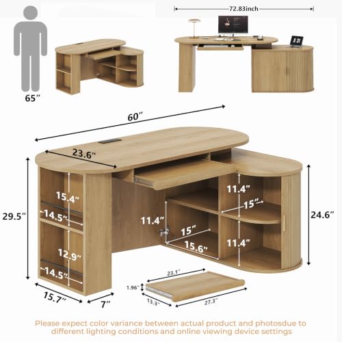 HSH L Shaped Office Corner Desk with Storage Cabinet for Home Oak 60 Inch - color: Oak