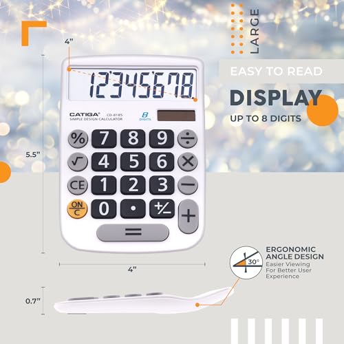 CATIGA Desktop Calculator 8 Digit with Solar Power and Easy to Read LCD Display, Big Buttons, for Home, Office, School, Class and Business, 4 Function Small Basic Calculators for Desk, CD-8185 - color: White
