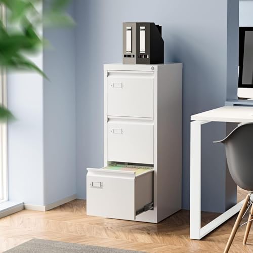 3 Drawer File Cabinet,Metal Filing Cabinets with Lock,18" Deep Office Storage Cabinet for A4/Letter/Legal Size File,Assembly Required - color: White, size: 40.6"H x 15"W x 17.7"D