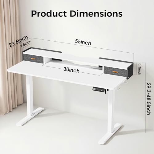 Electric Standing Desk with Drawers, 55 Inch Height Adjustable Desk with Power Outlets & LED Lights, Sit Stand Table with Monitor Stand for Home, Office, White - color: White, size: 55×24 Inch Rectangular with Drawers