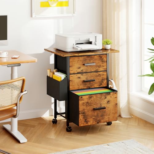 Mexin 3 Drawer File Cabinet with 22'' Extended Desktop, Mobile Filing Cabinet, Printer Stand, Rolling Printer Stand with Side Bag, Fabric Drawer, Fits A4 Size, Home Office,Rustic Brown - color: Rustic Brown