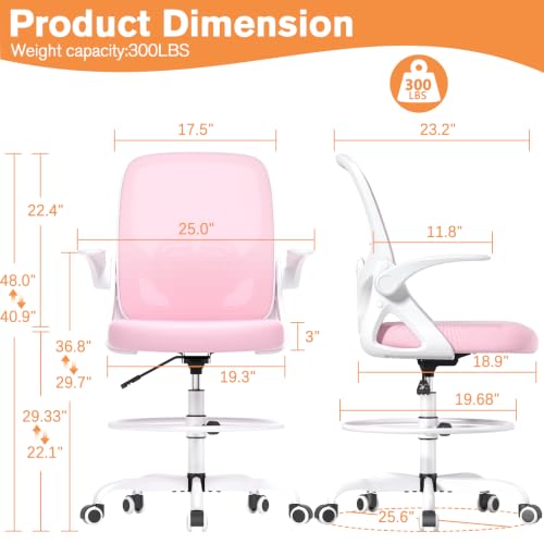 ORRSAKER Drafting Chair, Tall Office Chair with Flip-up Arms, Mesh Ergonomic Computer Standing Desk Chair with Adjustable Height Foot Ring and Lumbar Support, 300 LBS Capacity, Pink - color: Pink