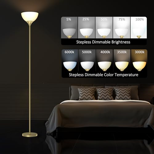 PESRAE Floor Lamp, Remote Control, Stepless Brightness & Color Temperature - color: Gold Brass