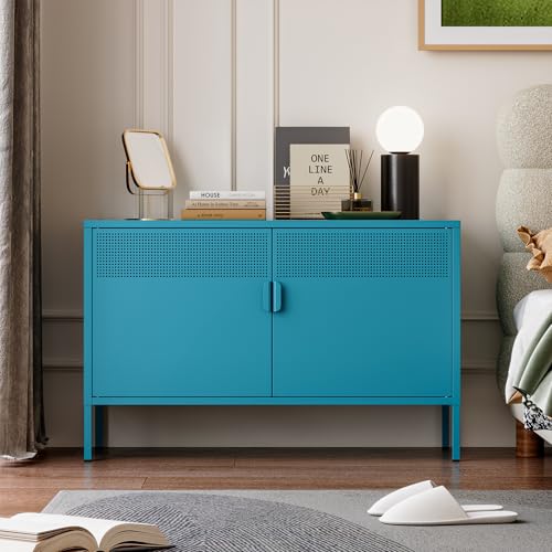Ustamio Blue Metal Storage Cabinet with Doors and Shelf, 2 Door Locker Storage Cabinet for Home and Office, 2 Tier Low Metal Tv Stand Cabinet - color: Dark Blue, size: 25.2"H-Metal Doors