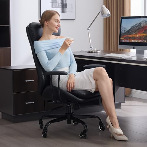 Leather Executive Office Chair, Computer Desk Chair, Black | Ergonomic, Rubber Wheels, Lumbar Support, 360° Swivel, High Back, Adjustable Height, for Modern Home Office - color: Jet Black