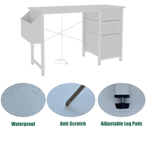 47.3" Office Desk with Power Outlet & 3 Drawers - Sturdy Reversible Frame, Side Pocket, Easy Assembly - Home/Office Computer Desk, Gaming Table, Vanity Table (White + MDF+Metal + Modern) - color: White + Mdf+metal + Modern