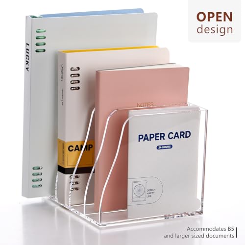 YUXUN Clear Acrylic File Folder Holder - 4 Vertical Compartments - size: B5 Size, 4 Sections