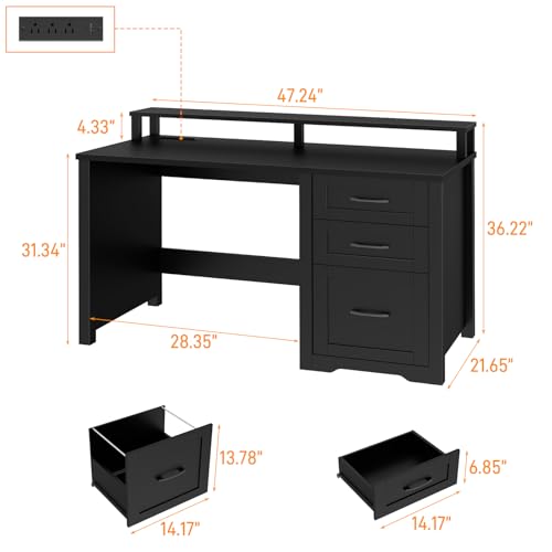 Vabches 47" Farmhouse Executive Desk with 3 Drawers,LED Lights,Pure Black - color: Pure Black, size: 3 Drawers & Monitor Stand