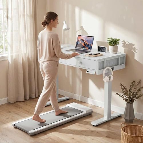 KLUVIS White Electric Standing Desk with Drawers, 39 Inch Small Adjustable Desk with Storage, Sit Stand Computer Study Writing Desks for Small Space Home Office, Stand Up Work Desks for Walking Pad - color: White, size: 39.4''