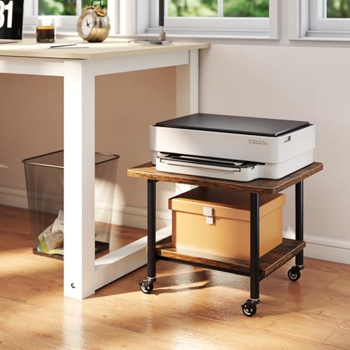 GIANTEX Under Desk Printer Stand, 2-Tier Mobile Printer Table with Storage Shelf, Lockable Wheels & Metal Frame, Rolling Printer Cart Holder, Storage Rack for Home Office Scanner Fax Machine (Brown) - color: Rustic Brown, size: 19.5"x16"x15"