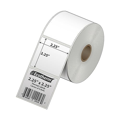 2.25" x 2.25" Thermal Labels | 4 Rolls | 2800 Labels | fits Zebra, Munbyn, Rollo, Godex, Arkscan, iDPRT, Offnova Thermal Label Printers and More | Blank White Adhesive Stickers by Ecotherm - size: 2.25 x 2.25 - 2800 Labels