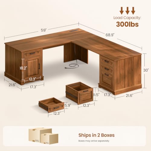 SEDETA 69" L Shaped Computer Desk with 4 Drawers, Storage Cabinet - color: Brown, size: L Shaped Desk