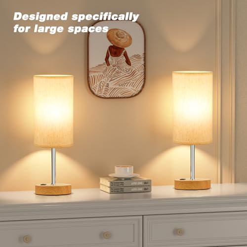 Fenmzee Touch Table Lamp - Cream, 3-Way Dimmable, USB A + C Charging, AC Outlet, 17.4inch Medium, Wood Grain Base - color: Cream Shade-Wood Base, size: 17.4" Touch Control