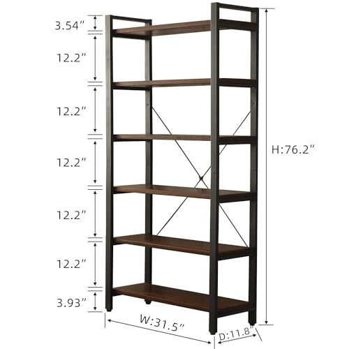 WH-AOERPYMY Natural Real Wood Bookcase,Industrial Bookshelf,6 Tier Solid Wood Open Book Shelf Storage,Metal Shelving Unit,Farmhouse Wide Etagere Bookcase for Office Living Bedroom (6 Tiers) - size: 6-Tiers-Natural Real Wood