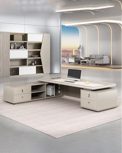L-Shaped Executive Desk with Side Cabinet and Multimedia Socket - color: A-right, size: 118in
