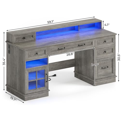 BTHFST 59.1" Executive Desk with File Drawer, Charging Station, Grey - color: Grey