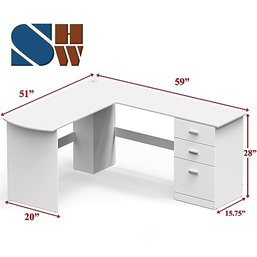 SHW L-Shaped Home Office Wood Corner Desk w/Box Box File Drawers, White - color: White