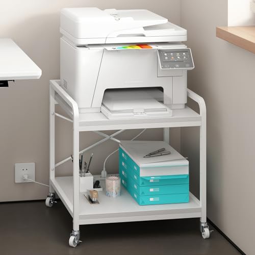 METYERRY Under Desk Printer Stand with Power Outlet, Adjustable Shelf,White - color: White