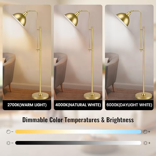 PARTPHONER Industrial Floor Lamp Adjustable, Rustic Farmhouse Reading Lamp in Aged Gold Finish, Modern Standing Lamp with Remote Control Metal Shade for Living Room Bedroom Study Room Office Hotel - color: Gold