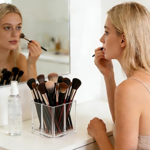 Acrylic Makeup Brush Holder, Clear Rotating Makeup Brush Holder Organizer with 4 Slots, Square Makeup Brush Cup for Vanity Desk Countertop Bathroom - size: Square-4.5in