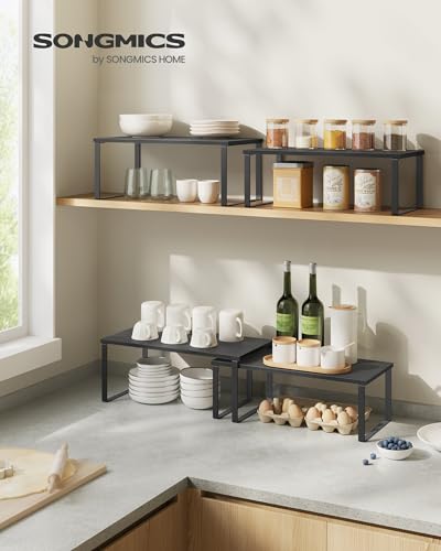 SONGMICS Cabinet Organizer Shelf, Set of 2 Spice Rack, Kitchen Storage | Kitchen Counter Storage Spice Rack, Particleboard, Steel, Ebony Black and Matte Black, BYSTRO Collection UKCS025B01 - color: Ink Black + Charcoal Black, size: 15.6"w