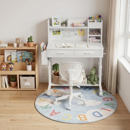 WINAZ White Kids Desk with Hutch, Height Adjustable 32" Small Study Table - color: White