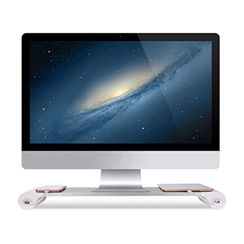 PG Silver Monitor Stand Riser with 4-Port USB Charging ports, Convenient keyboard organiser,Desktop Organizer for Computer, Laptop, TV, Printer - Ergonomic Keyboard Tray & Storage Shelf.