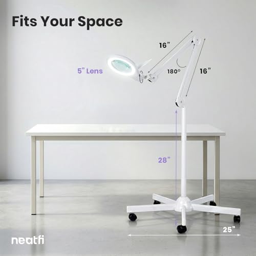 Neatfi LED Magnifying Floor Lamp 1,200 Lumens – 5” Bifocal Glass Lens, Dual Magnification 2.25X + 6X, Dimmable Task Light | Adjustable Arm, Rolling Base | Reading, Crafting & Sewing (White, 5 Inches) - color: White, size: 5 Inches