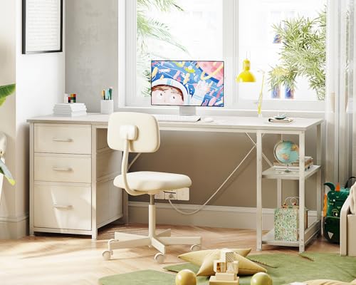 AODK 63 Inch Computer Desk with Drawers & USB Power Outlets - color: White, size: 63 Inch