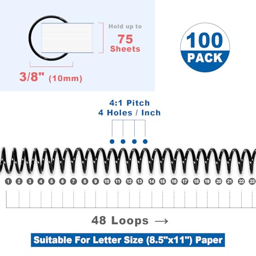 HOUYEE 100 Pcs Plastic Spiral Binding Coils,10mm (3/8"),4:1 Pitch,48 Loops - size: 3/8"(75 sheet capacity)