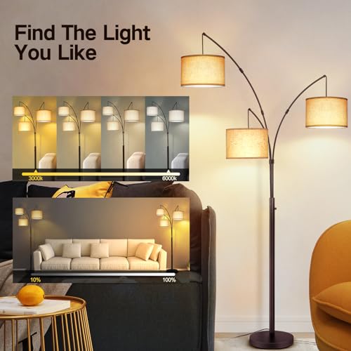 OUTON Floor Lamp with Remote Control, Modern Bright Lamps for Living Room, Adjustable 3-Light Tall Arched Lamp for Bedroom, Office, 2400lm Mid Century Design with Hanging Shade - color: Brown+Beige Remote Control