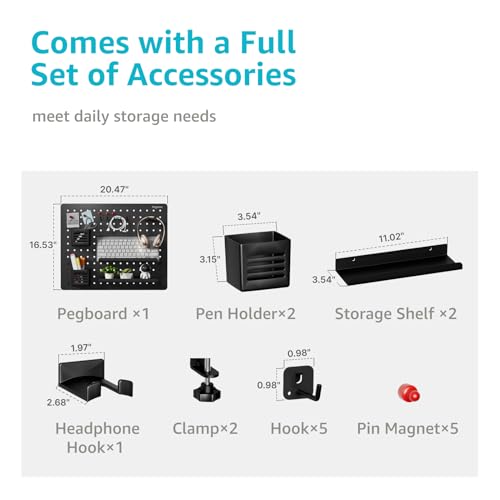 PEGZONE Clamp on Desk Pegboard, 20.4" x 16.5", with 15 Accessories, Black | Magnetic Metal Peg Board, Desk Organizer for Office Gaming Home, Privacy Panel, Large - color: Black, size: Large