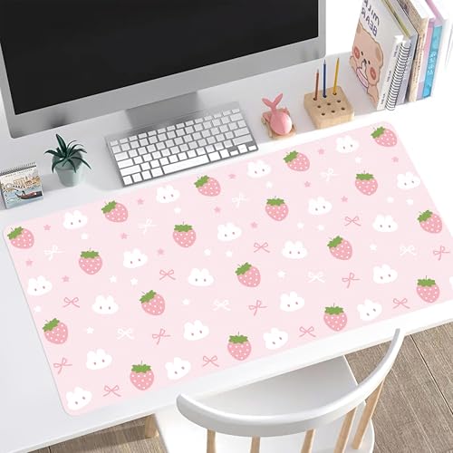 Pink Strawberry Desk Mat, Cute Extended Gaming Keyboard Mouse Pad, Large Office Desk Cover Mat Pad Deskmat, Non-Slip Leather Home Office Desk Mat Protector 27.6"x13.8" - color: Pink Strawberry, size: 27.6" x 13.8"