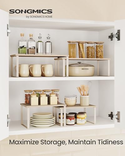 SONGMICS Cabinet Organizer Shelf, Set of 2 Spice Rack, Kitchen Storage | Kitchen Counter Storage Spice Rack, Particleboard, Steel, Travertine Beige and Cream White, BYSTRO Collection UKCS020L01 - color: Travertine Beige + Cream White, size: 11.7"w