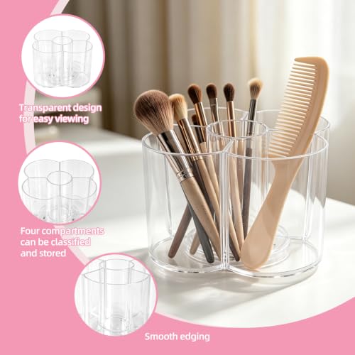 Acrylic Makeup Brush Holder, Clear Rotating Makeup Brush Holder Organizer, 5 Slot Make up Brush Stand for Vanity Desk Countertop Bathroom (Flower) - size: Flower- 6in