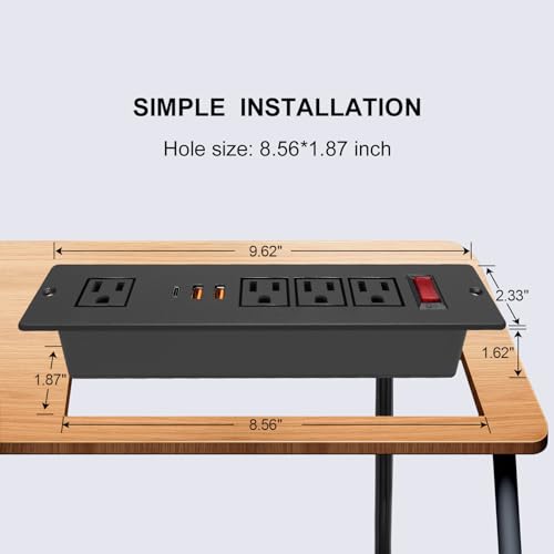 Desktop Recessed Power Strip USB C (Fast Charge 20W),Mounted Desk Plug in Extension Cord 4 Outlets (1 Extra Wide Space) w 3 USB Ports (w Switch) for Conference Counter Table Couch.